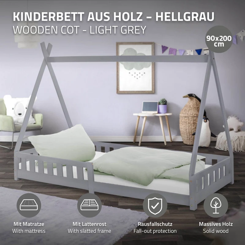 Kinderbett Tipi 90x200 cm Hellgrau aus Kiefernholz inkl. Matratze H-10cm Rausfallschutz und Lattenrost ML-Design