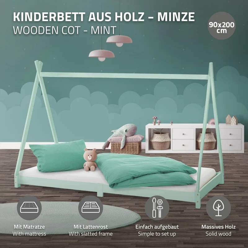 Kinderbett Tipi 90x200 cm Minze aus Kiefernholz inkl. Matratze H-10cm Holzbett mit Lattenrost ML-Design