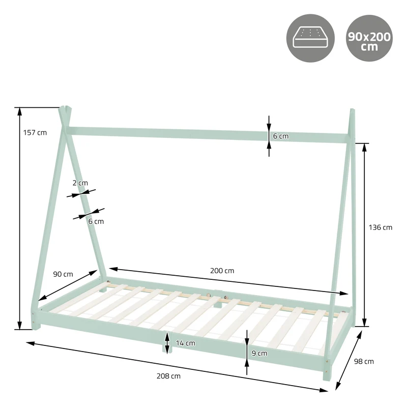 Kinderbett Tipi 90x200 cm Minze aus Kiefernholz inkl. Matratze H-10cm Holzbett mit Lattenrost ML-Design