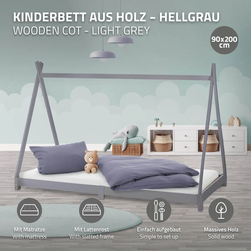 Kinderbett Tipi 90x200 cm Hellgrau aus Kiefernholz inkl. Matratze H-10cm Holzbett mit Lattenrost ML-Design