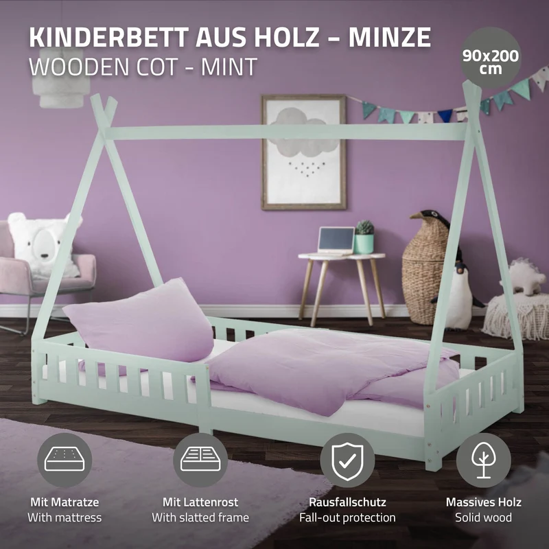 Kinderbett Tipi 90x200 cm Minze aus Kiefernholz inkl. Matratze H-10cm Rausfallschutz und Lattenrost ML-Design