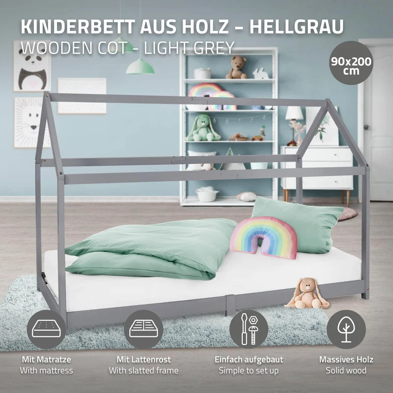 Kinderbett Hausbett 90x200 cm Hellgrau aus Kiefernholz inkl. Matratze H-10cm Holzbett mit Dach und Lattenrost ML-Design