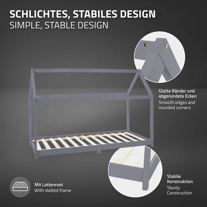 Kinderbett Hausbett 90x200 cm Hellgrau aus Kiefernholz inkl. Matratze H-10cm Holzbett mit Dach und Lattenrost ML-Design