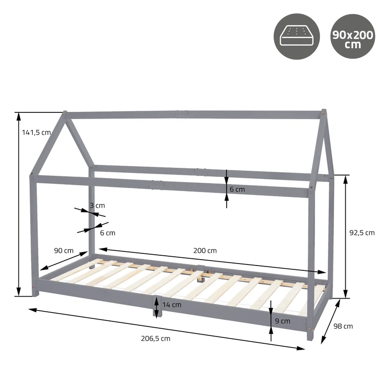 Kinderbett Hausbett 90x200 cm Hellgrau aus Kiefernholz inkl. Matratze H-10cm Holzbett mit Dach und Lattenrost ML-Design