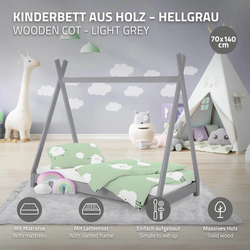 Kinderbett Tipi 70x140 cm Hellgrau aus Kiefernholz inkl. Matratze H-10cm Holzbett mit Lattenrost ML-Design
