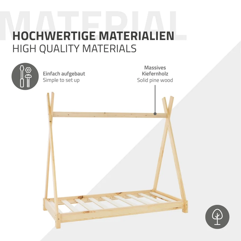 Kinderbett Tipi 70x140 cm aus Kiefernholz inkl. Matratze H-10cm Holzbett mit Lattenrost ML-Design