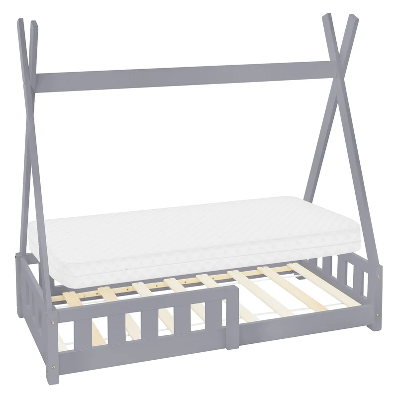 Kinderbett Tipi aus Kiefernholz mit Lattenrost, Rausfallschutz & Wahlweise Matratze ML-Design