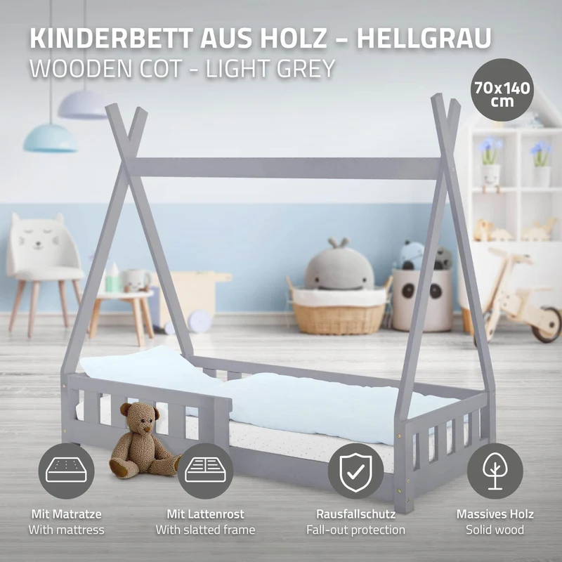 Kinderbett Tipi 70x140 cm Hellgrau aus Kiefernholz inkl. Matratze H-10cm Rausfallschutz und Lattenrost ML-Design