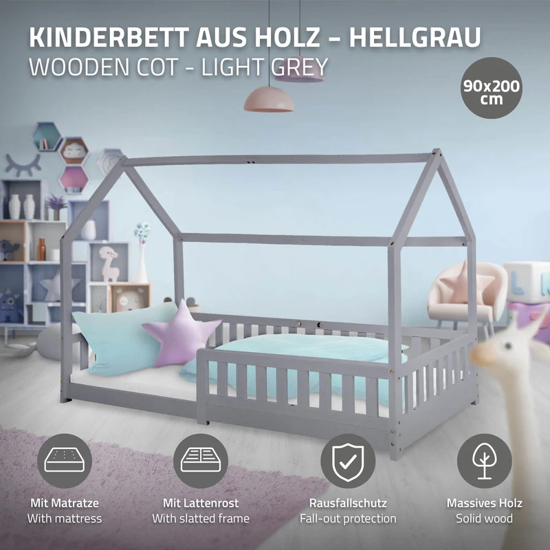 Kinderbett Hausbett 90x200 cm Hellgrau aus Kiefernholz inkl. Matratze H-10cm Rausfallschutz Dach und Lattenrost ML-Design