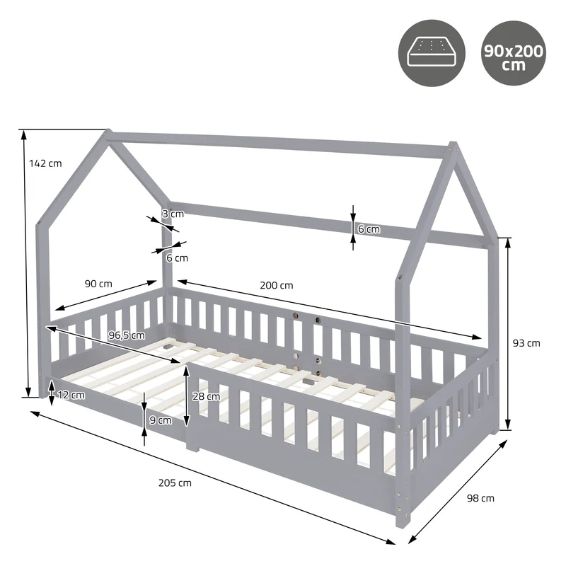 Kinderbett Hausbett 90x200 cm Hellgrau aus Kiefernholz inkl. Matratze H-10cm Rausfallschutz Dach und Lattenrost ML-Design