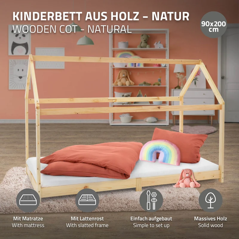 Kinderbett Hausbett 90x200 cm aus Kiefernholz inkl. Matratze H-10cm Holzbett mit Dach und Lattenrost ML-Design