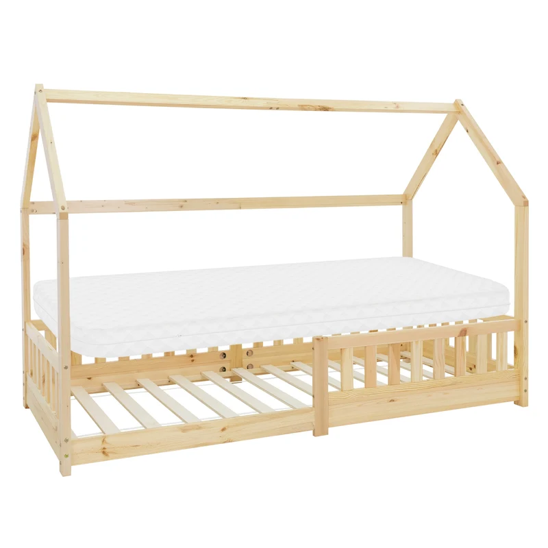 ML-Design | Kinderbett mit/ohne Matratze aus Kiefernholz Hausbett mit Rausfallschutz Dach und Lattenrost