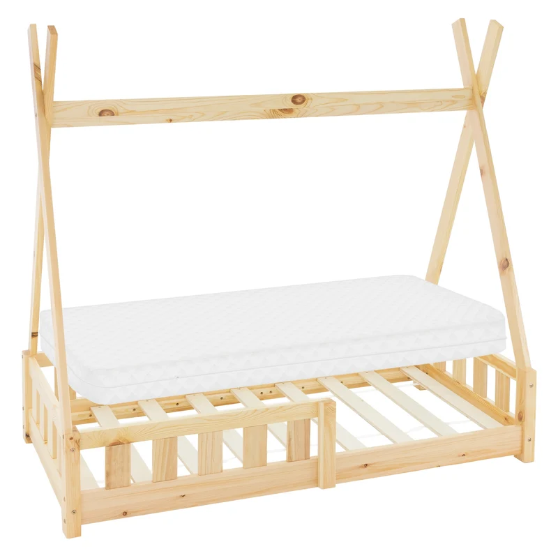 Kinderbett Tipi aus Kiefernholz mit Lattenrost, Rausfallschutz & Wahlweise Matratze ML-Design