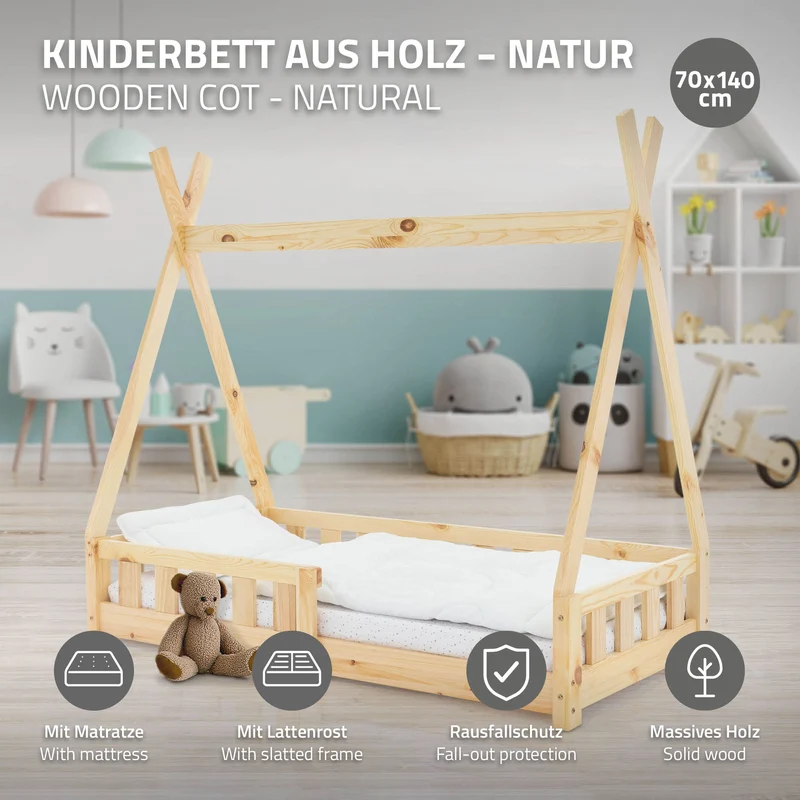 Kinderbett Tipi 70x140 cm aus Kiefernholz inkl. Matratze H-10cm Rausfallschutz und Lattenrost ML-Design