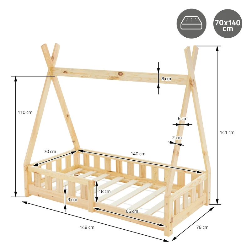 Kinderbett Tipi 70x140 cm aus Kiefernholz inkl. Matratze H-10cm Rausfallschutz und Lattenrost ML-Design