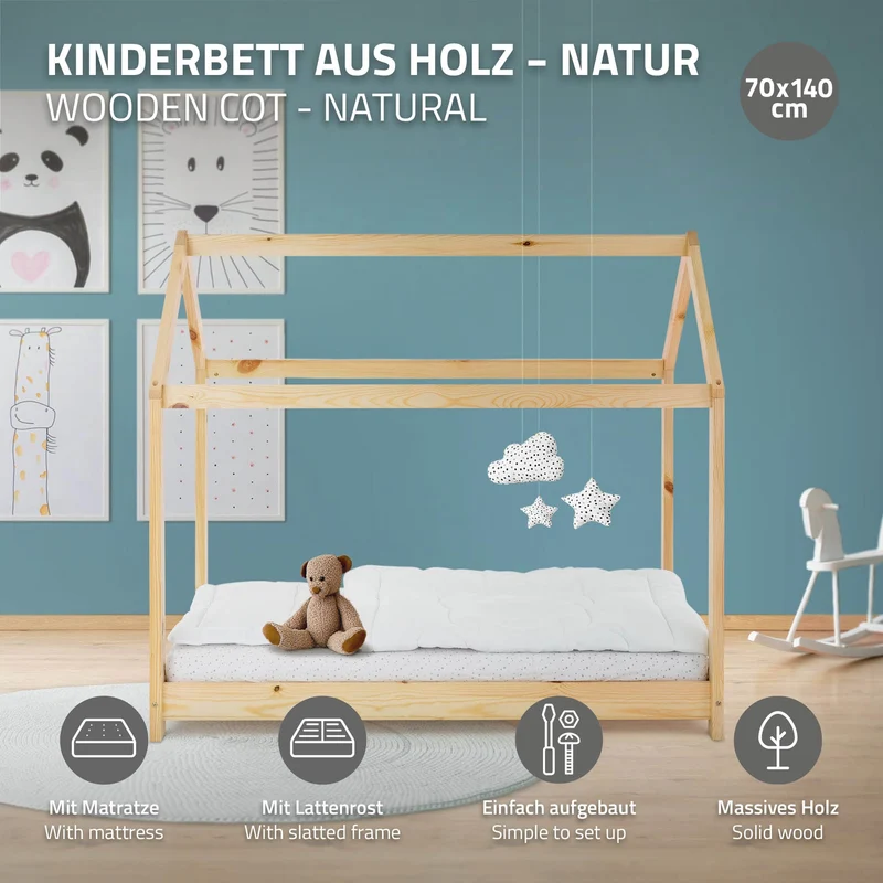Kinderbett Hausbett 70x140 cm aus Kiefernholz inkl. Matratze H-10cm Holzbett mit Dach und Lattenrost ML-Design
