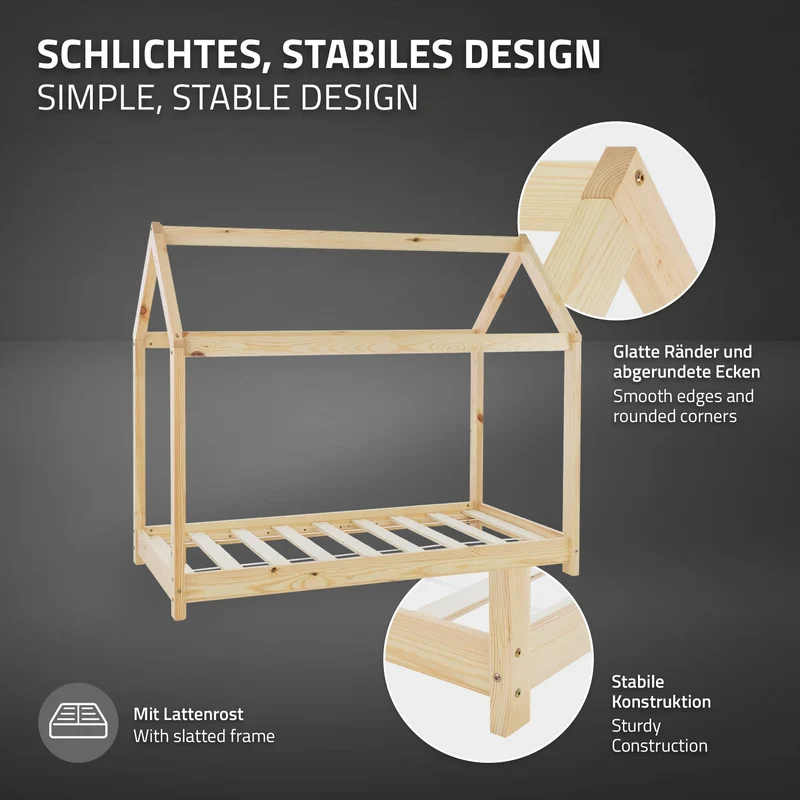 Kinderbett Hausbett 70x140 cm aus Kiefernholz inkl. Matratze H-10cm Holzbett mit Dach und Lattenrost ML-Design