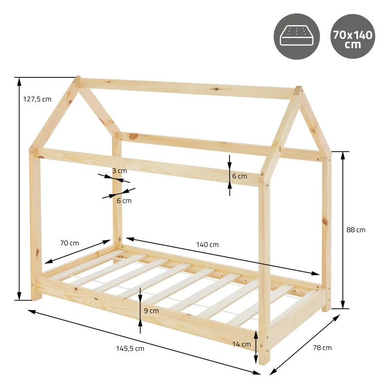 Kinderbett Hausbett 70x140 cm aus Kiefernholz inkl. Matratze H-10cm Holzbett mit Dach und Lattenrost ML-Design