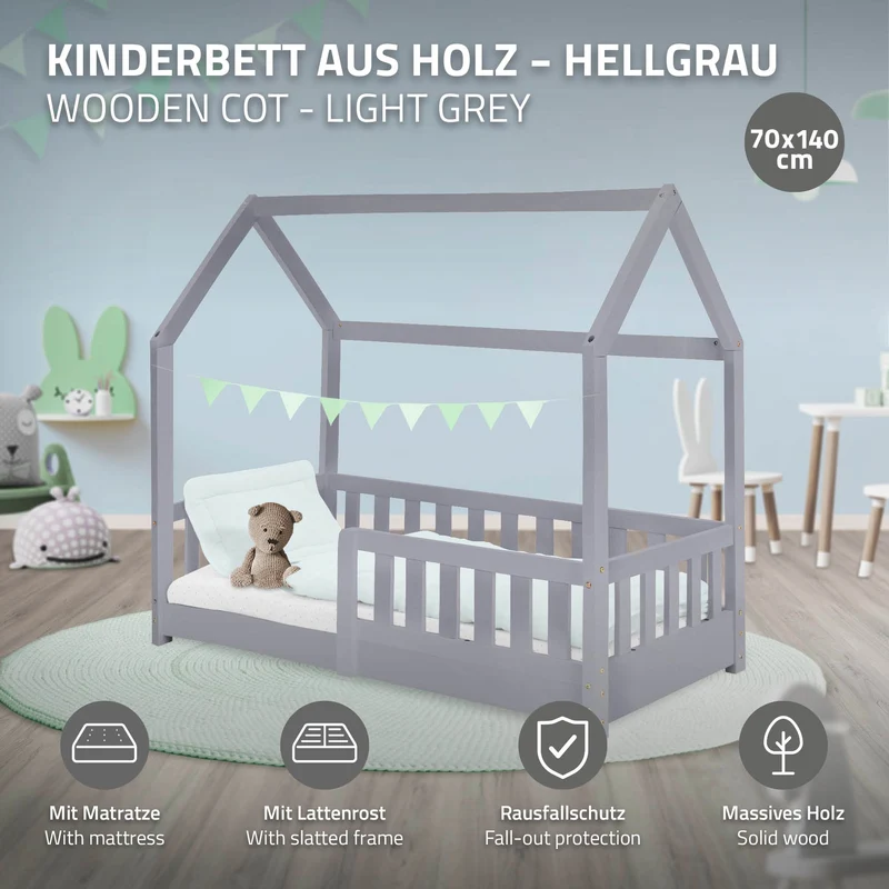 Kinderbett Hausbett 70x140 cm Hellgrau aus Kiefernholz inkl. Matratze H-10cm Rausfallschutz Dach und Lattenrost ML-Design