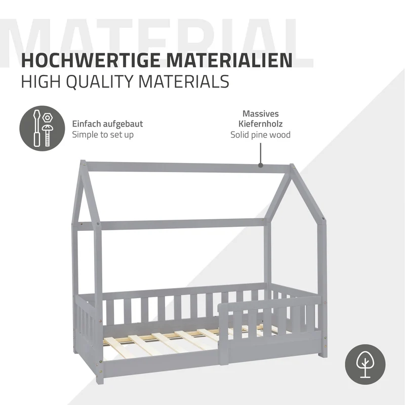 Kinderbett Hausbett 70x140 cm Hellgrau aus Kiefernholz inkl. Matratze H-10cm Rausfallschutz Dach und Lattenrost ML-Design