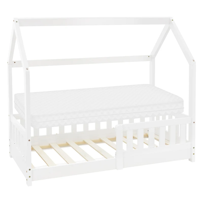 ML-Design | Kinderbett mit/ohne Matratze aus Kiefernholz Hausbett mit Rausfallschutz Dach und Lattenrost