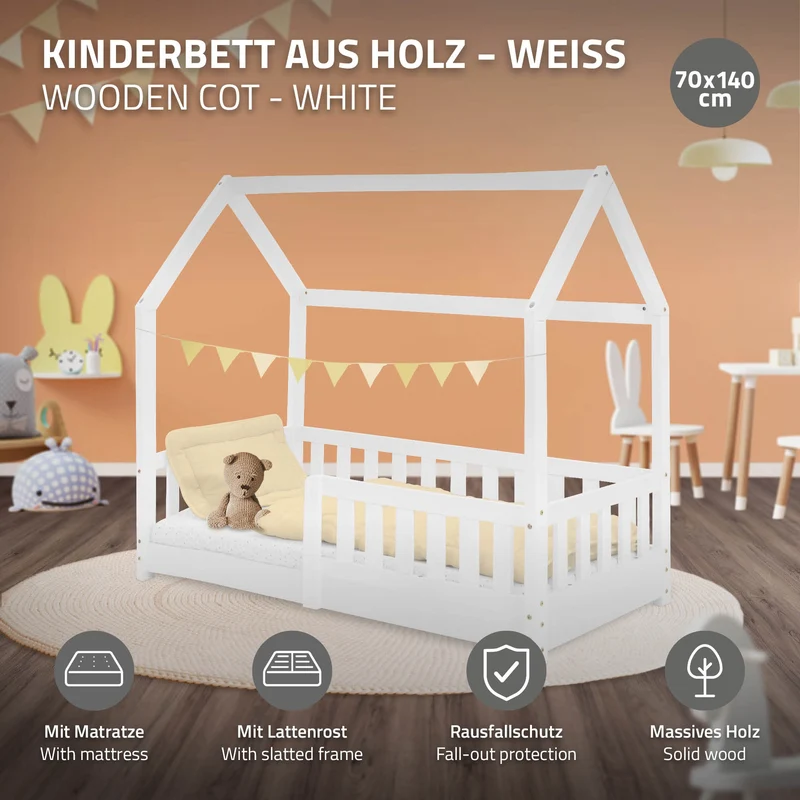 Kinderbett Hausbett 70x140 cm Weiß aus Kiefernholz inkl. Matratze H-10cm Rausfallschutz Dach und Lattenrost ML-Design