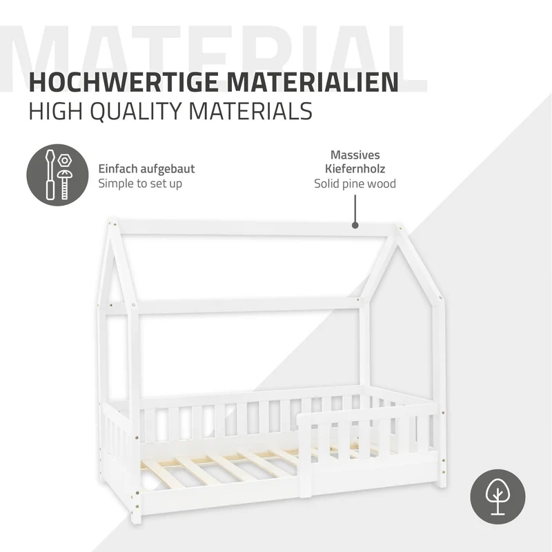 Kinderbett Hausbett 70x140 cm Weiß aus Kiefernholz inkl. Matratze H-10cm Rausfallschutz Dach und Lattenrost ML-Design