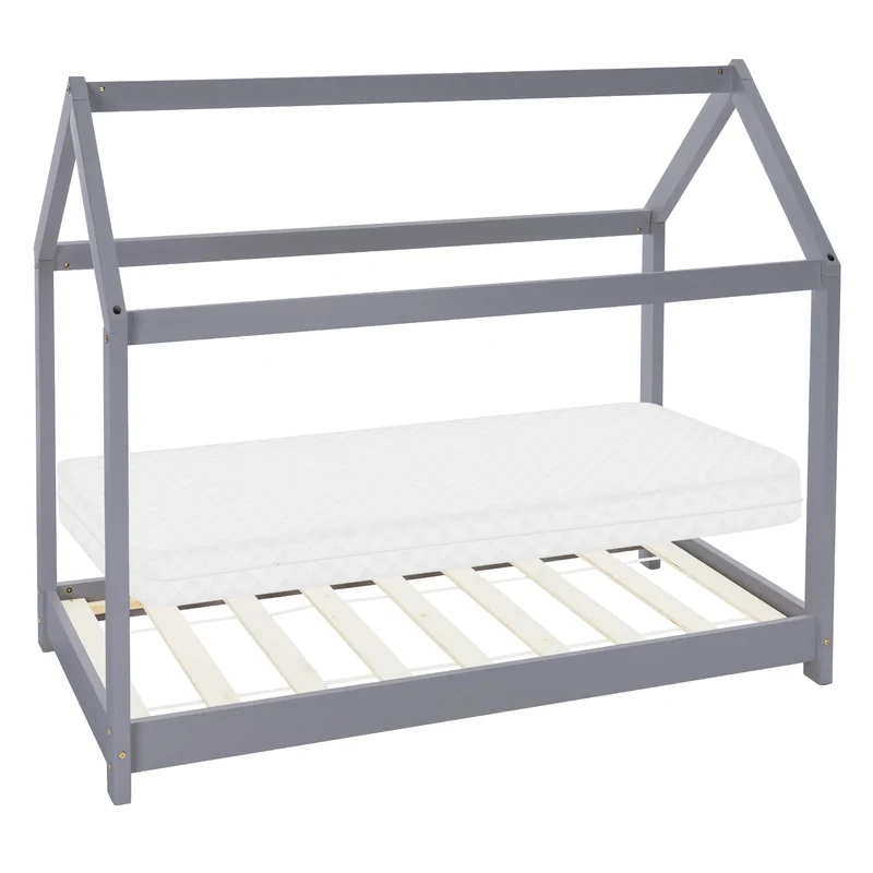 Kinderbett Hausbett 70x140 cm Hellgrau aus Kiefernholz inkl. Matratze H-10cm Holzbett mit Dach und Lattenrost ML-Design