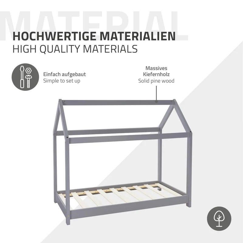 Kinderbett Hausbett 70x140 cm Hellgrau aus Kiefernholz inkl. Matratze H-10cm Holzbett mit Dach und Lattenrost ML-Design