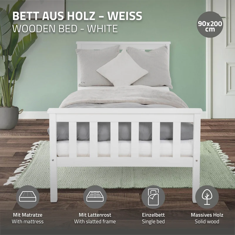 Bettgestell Einzelbett 90x200cm aus Kiefernholz in Weiß Lattenrost & Matratze H-10cm ML-Design