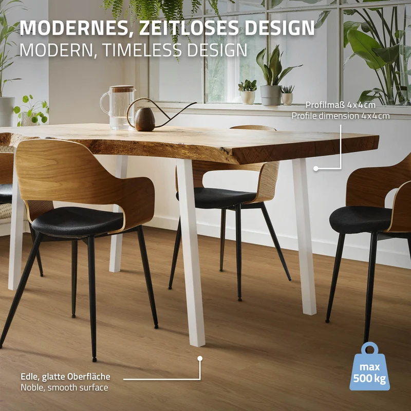 4er Set Tischbeine schräg 72 cm Weiß glänzend aus pulverbeschichtetem Stahl eckig Profil 4x4 cm I-Form 96° Neigung ML-Design