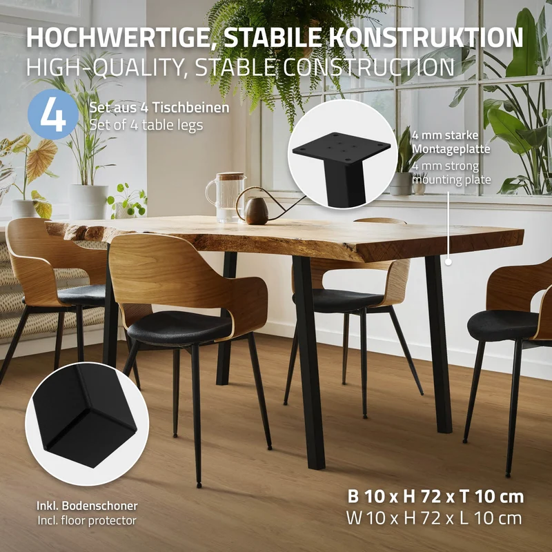 4er Set Tischbeine schräg 72 cm Schwarz glänzend aus pulverbeschichtetem Stahl eckig Profil 4x4 cm I-Form 96° Neigung ML-Design