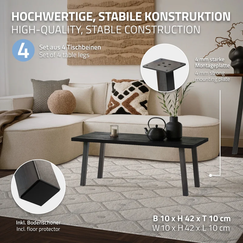 4er Set Tischbeine schräg 42 cm Optik Industrial aus pulverbeschichtetem Stahl Profil 4x4cm I-Form 96° Neigung ML-Design