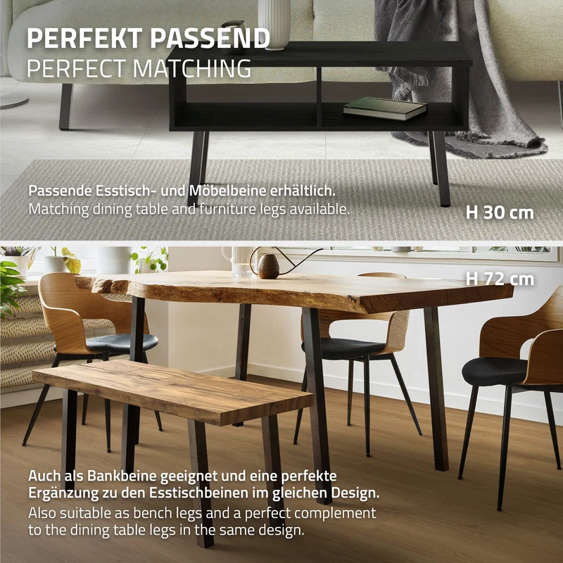 4er Set Tischbeine schräg 42 cm Optik Industrial aus pulverbeschichtetem Stahl Profil 4x4cm I-Form 96° Neigung ML-Design