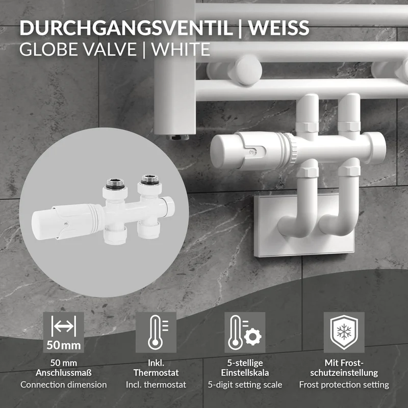 Ventil Armaturen Set Multiblock Weiß Durchgangsform inkl. Thermostatkopf LuxeBath