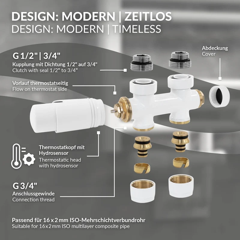 Ventil Armaturen Set Multiblock Weiß Durchgangsform inkl. Thermostatkopf LuxeBath