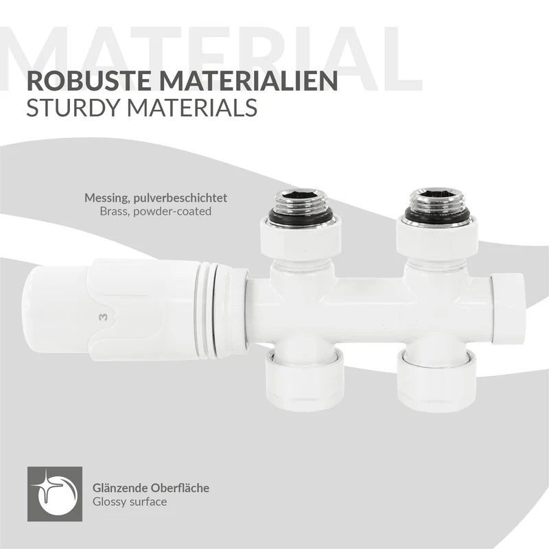 Ventil-Armaturen Set Multiblock Weiß Durchgangsform inkl. Thermostatkopf LuxeBath