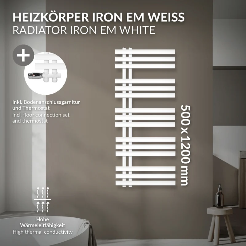 Badheizkörper Mittelanschluss 500x1200 mm Weiß mit Boden Anschlussgarnitur LuxeBath
