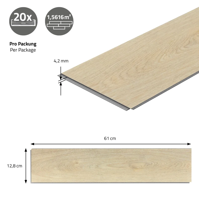 PVC Vinylboden Bodenbelag 3er Set à 20 Dielen 4,2mm für 1,56m² mit Klick-System Fischgräte Eiche natur ML-Design
