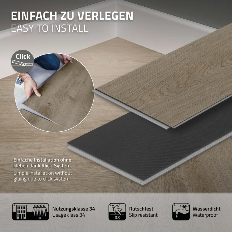 PVC Vinylboden Bodenbelag 5er Set à 20 Dielen 4,2mm für 1,56m² mit Klick-System Fischgräte Eiche dunkel ML-Design