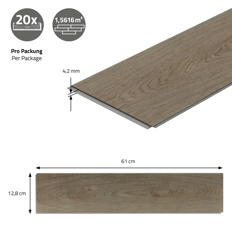 PVC Vinylboden Bodenbelag 2er Set à 20 Dielen 4,2mm für 1,56m² mit Klick-System Fischgräte Eiche dunkel ML-Design