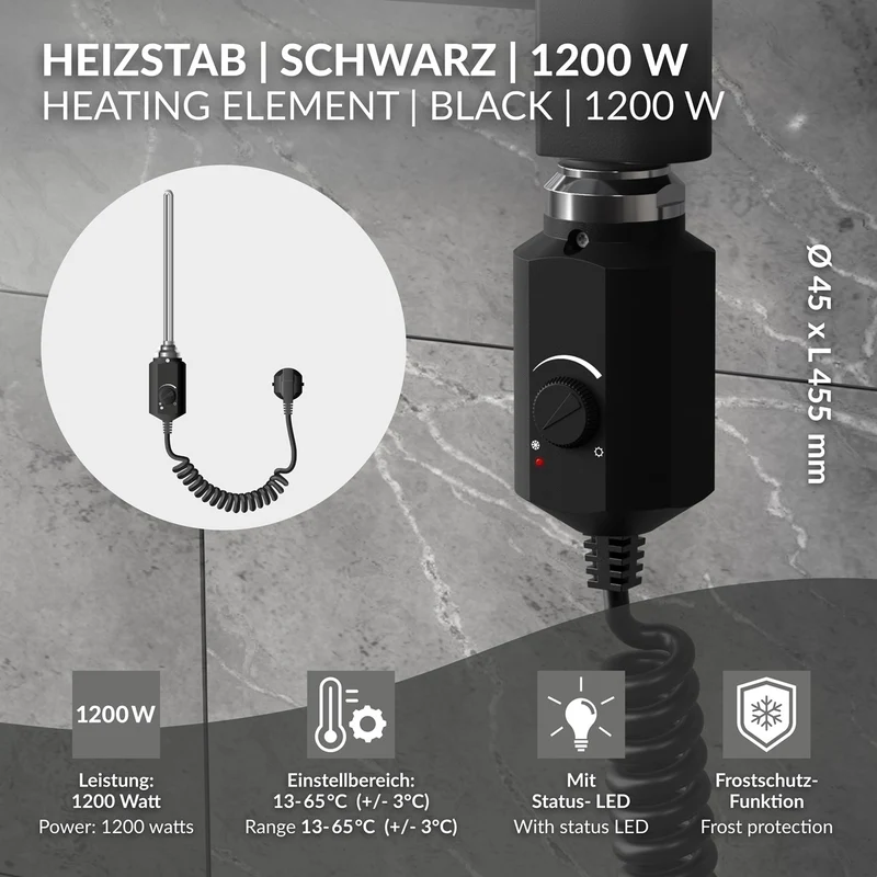 Heizstab 1200W Schwarz mit Thermostat für Badheizkörper LuxeBath