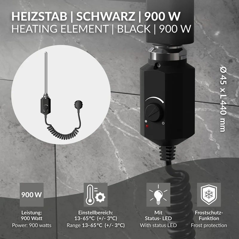 Heizstab 900W Schwarz mit Thermostat für Badheizkörper LuxeBath