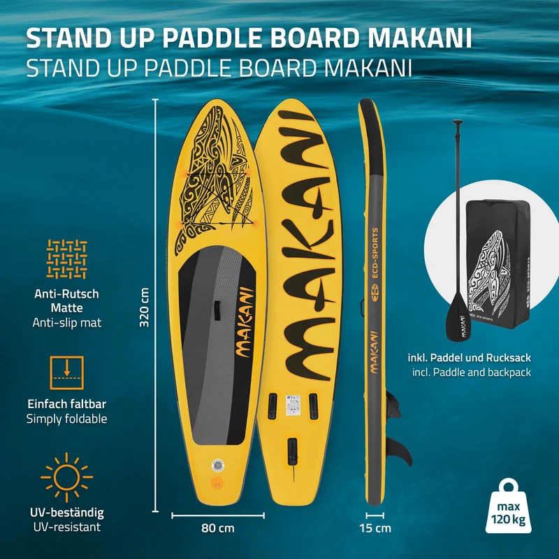 Stand Up Paddle aufblasbares SUP Board Makani 320x80x15 cm in Gelb aus PVC inkl. Pumpe und Tragetasche