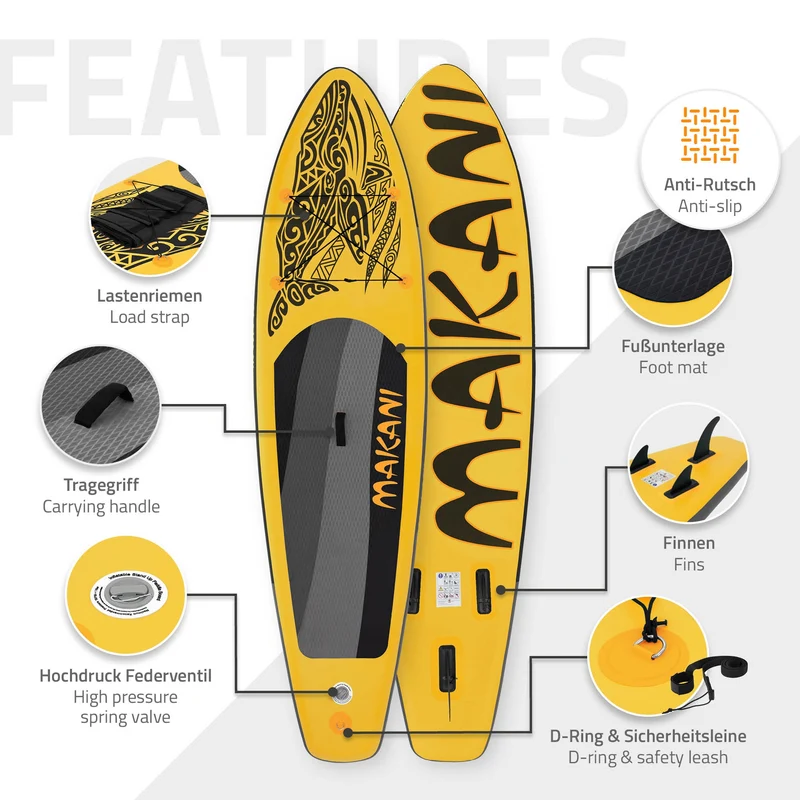 Stand Up Paddle aufblasbares SUP Board Makani 320x80x15 cm in Gelb aus PVC inkl. Pumpe und Tragetasche