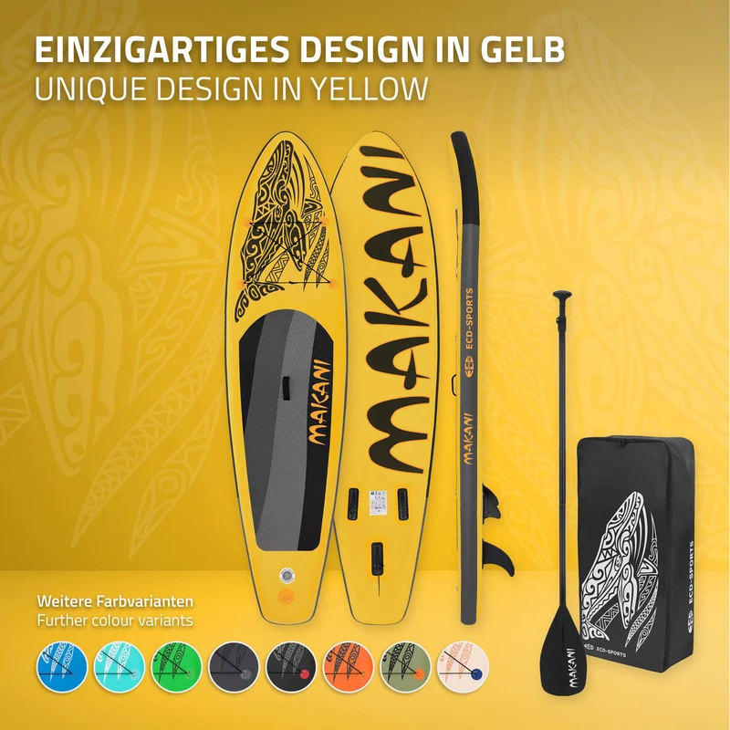Stand Up Paddle aufblasbares SUP Board Makani 320x80x15 cm in Gelb aus PVC inkl. Pumpe und Tragetasche