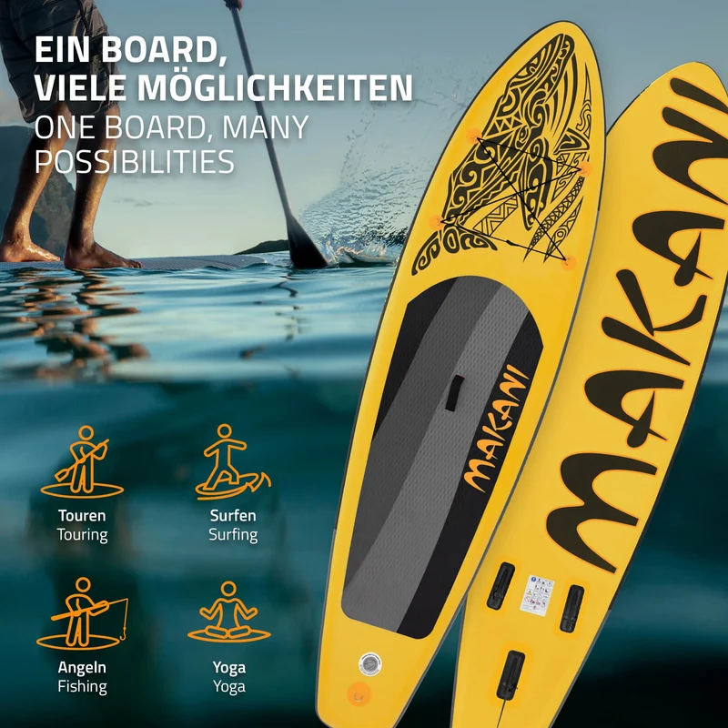 Stand Up Paddle aufblasbares SUP Board Makani 320x80x15 cm in Gelb aus PVC inkl. Pumpe und Tragetasche