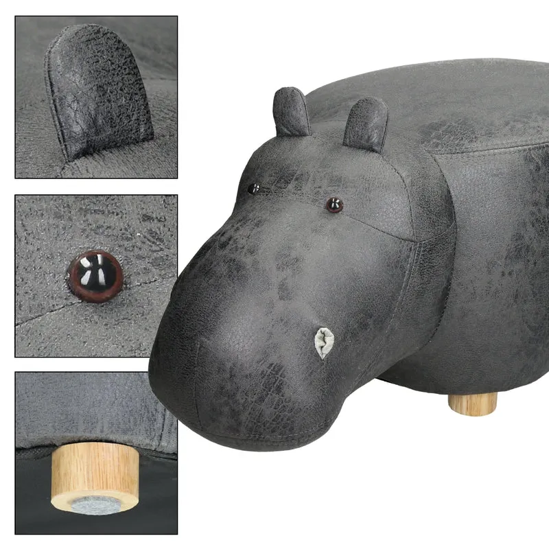Tierhocker Nilpferd 65x33x29 cm Grau aus Kunstleder mit Holzbeine