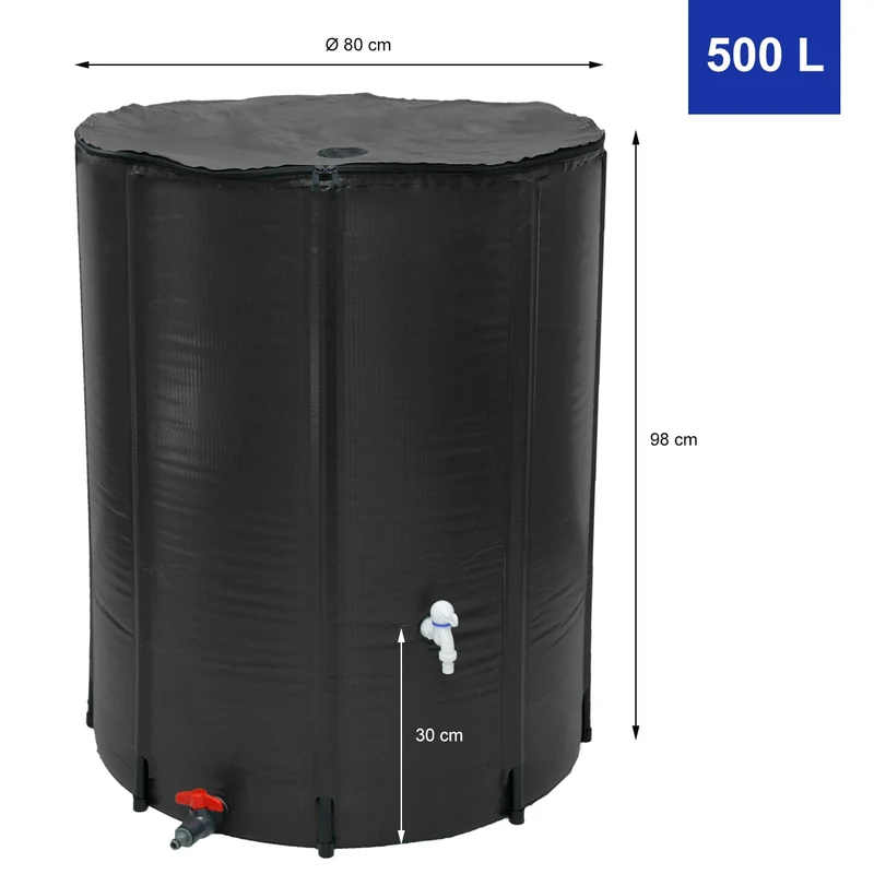 Regentonne faltbar 500 L mit Hahn 80x98 cm aus PVC Schwarz