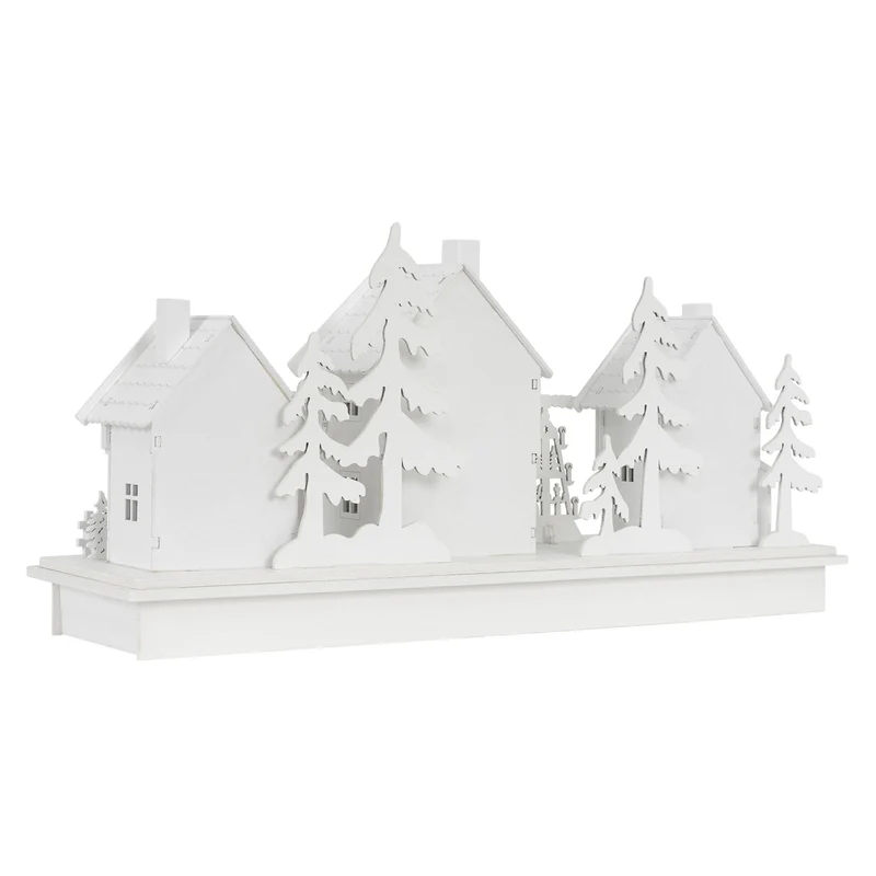 Leuchtendes Weihnachtsdorf Weiß mit warmweißer Lichterkette aus Holz Modell C